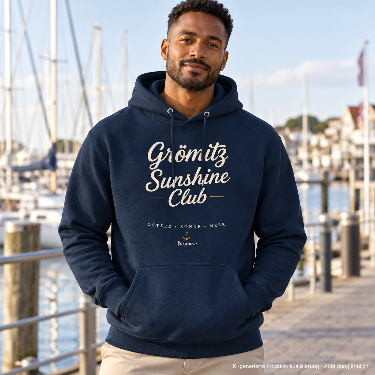 Grömitz Sunshine Club Bio-Hoodie in French Navy mit Frontdruck – Mann im Jachthafen, KI-Produktvisualisierung
