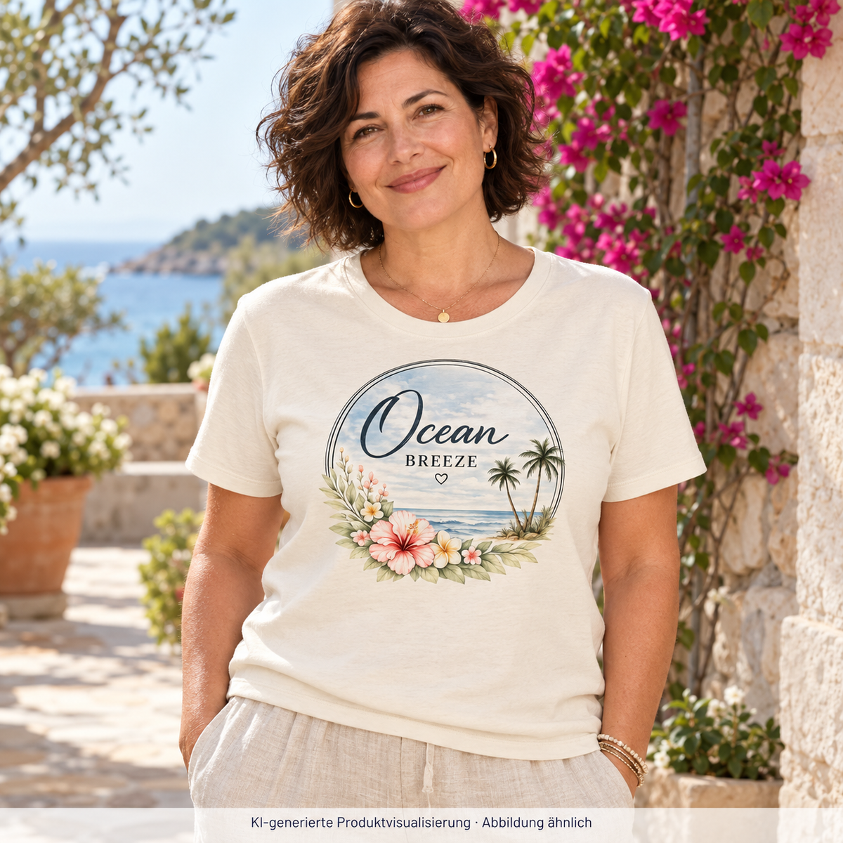 Frau im naturfarbenen Ocean Breeze Damen Bio-T-Shirt mit floralem Frontprint in einem Küstengarten; KI-generierte Produktvisualisierung.