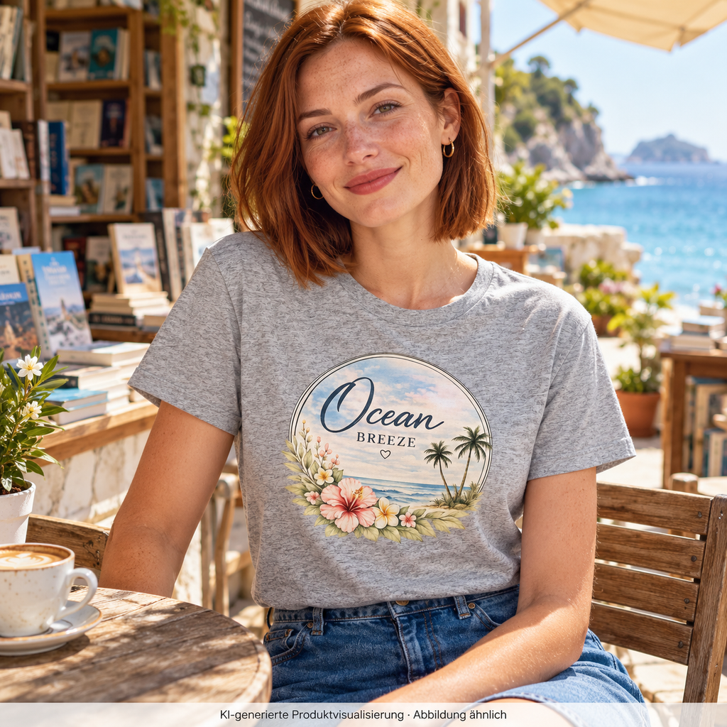Frau im graumelierten Ocean Breeze Damen Bio-T-Shirt mit floralem Frontprint auf einer Caféterrasse am Meer; KI-generierte Produktvisualisierung.