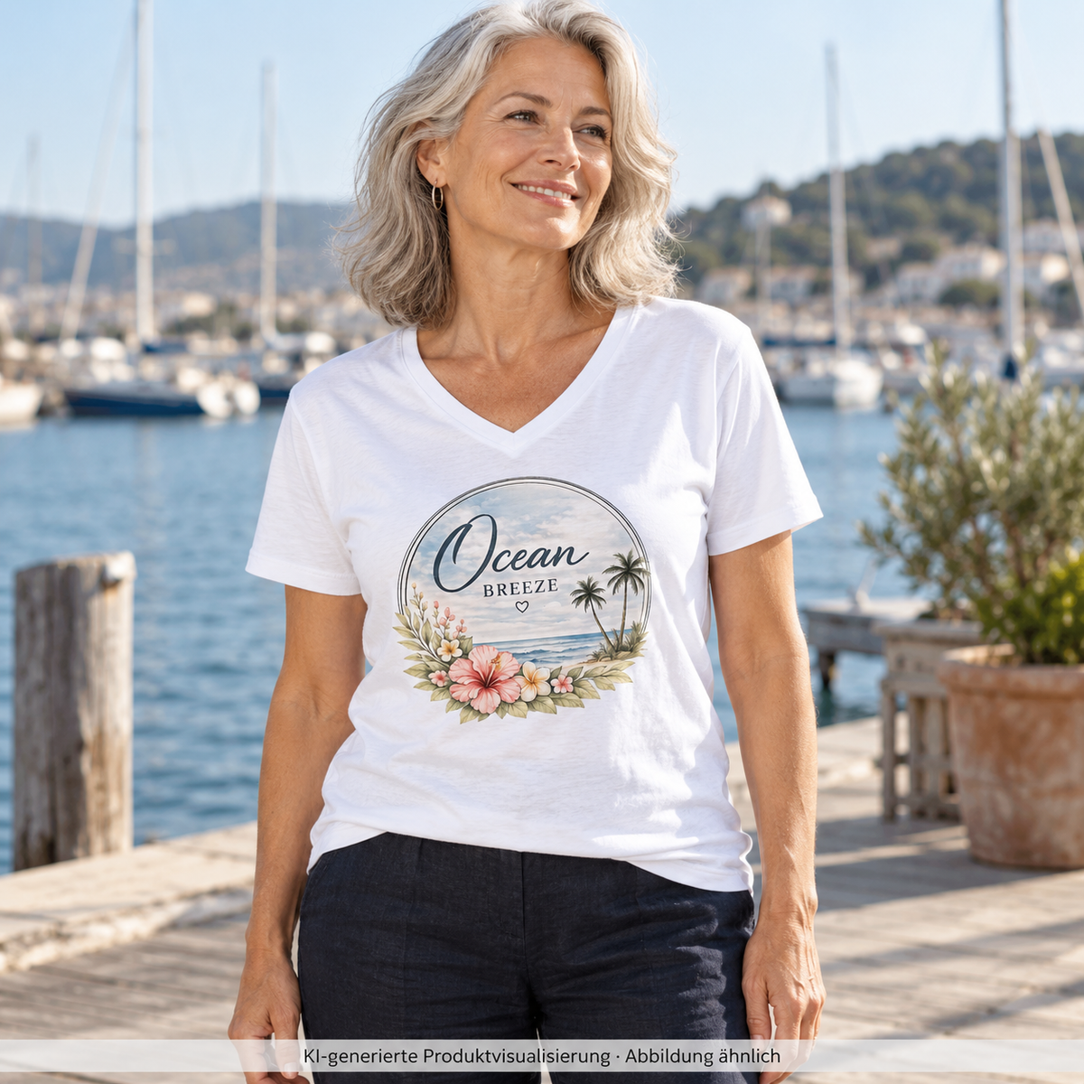 Frau im weißen Ocean Breeze Herren Bio-V-Neck-Shirt mit floralem Frontprint am Hafen; KI-generierte Produktvisualisierung.