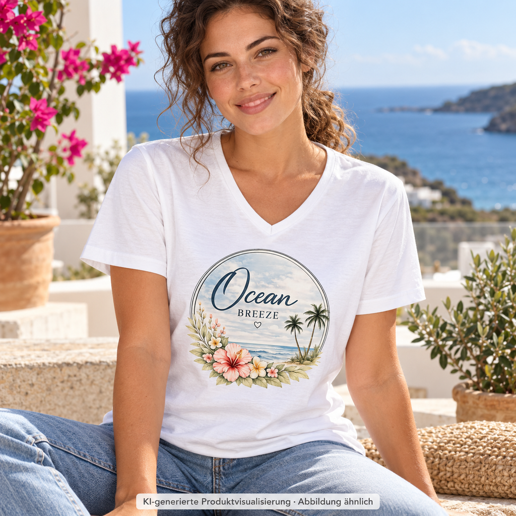 Frau im weißen Ocean Breeze Herren Bio-V-Neck-Shirt mit floralem Frontprint auf einer Urlaubsterrasse; KI-generierte Produktvisualisierung.