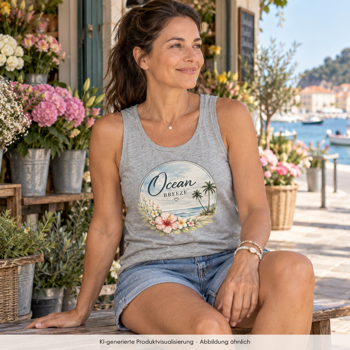 Frau vor einem Blumenladen am Meer mit Ocean Breeze Unisex Bio-Tanktop in graumeliert und floralem Frontprint; KI-generierte Produktvisualisierung.