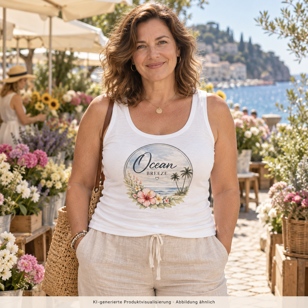 Frau auf einem Blumenmarkt mit Ocean Breeze Damen Bio Fitted Tank Top in weiß und floralem Frontprint; KI-generierte Produktvisualisierung.