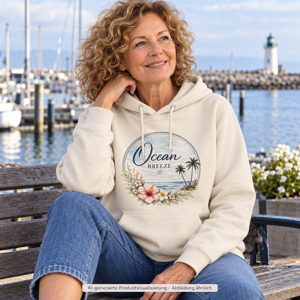 Frau auf einer Hafenbank mit Ocean Breeze Bio-Hoodie in naturfarben und floralem Frontprint; KI-generierte Produktvisualisierung.