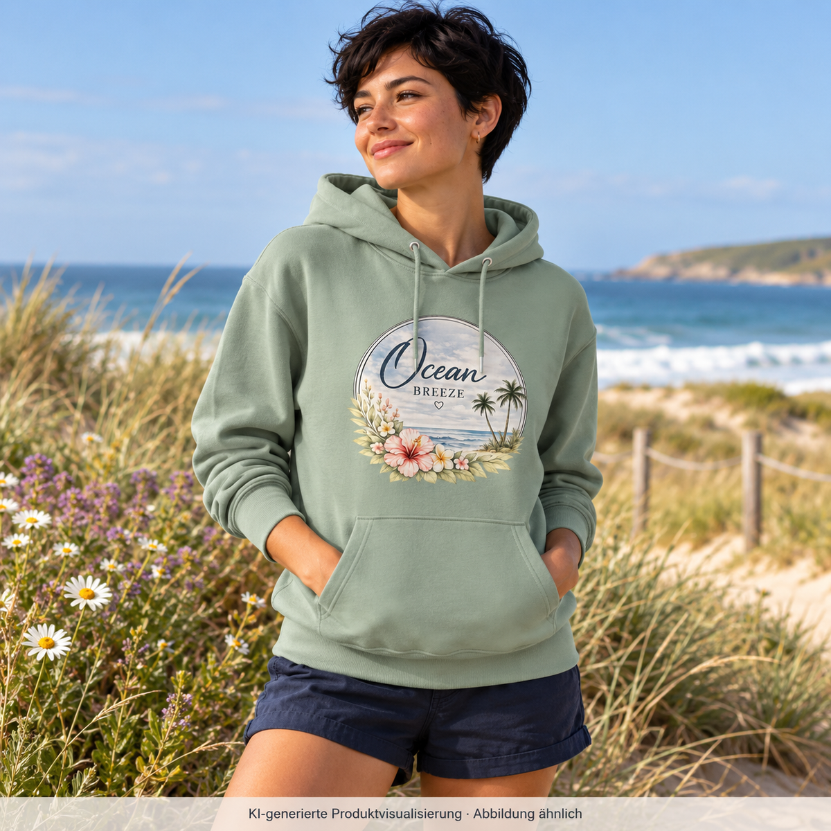 Frau bei einer Blumenwiese an den Dünen mit Ocean Breeze Bio-Hoodie in Aloe und floralem Frontprint; KI-generierte Produktvisualisierung.