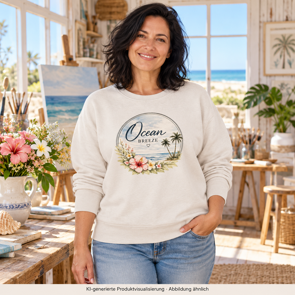 Frau in einem Atelier an der Küste mit Ocean Breeze Bio Unisex Sweatshirt in Vintage White und floralem Frontprint; KI-generierte Produktvisualisierung.