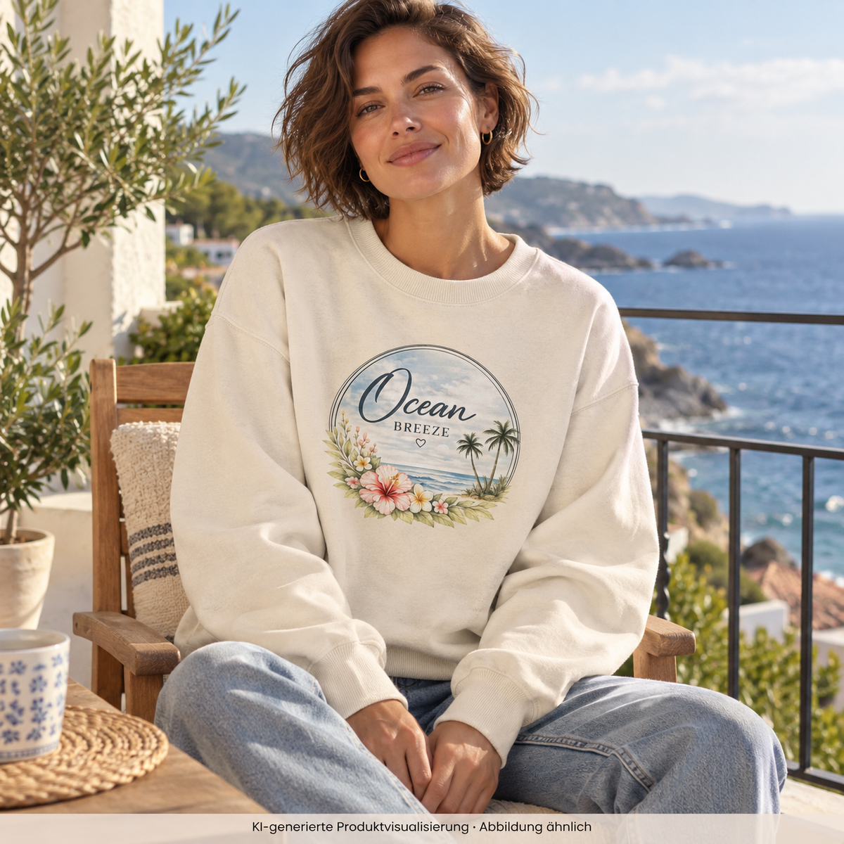 Frau auf einem Balkon mit Meerblick mit Ocean Breeze Organic Oversize Sweatshirt in naturfarben und floralem Frontprint; KI-generierte Produktvisualisierung.
