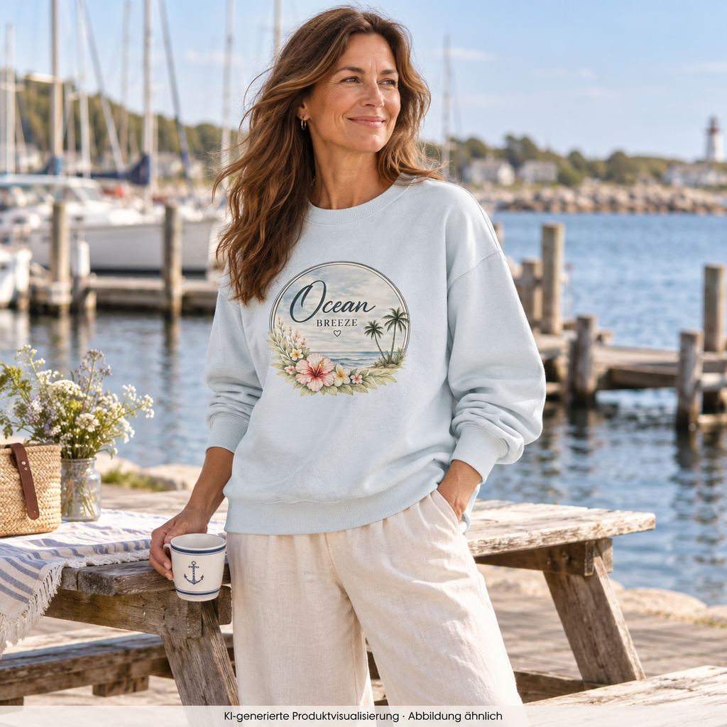 Frau am Picknicktisch im Hafen mit Ocean Breeze Organic Oversize Sweatshirt in Blue Ice und floralem Frontprint; KI-generierte Produktvisualisierung.