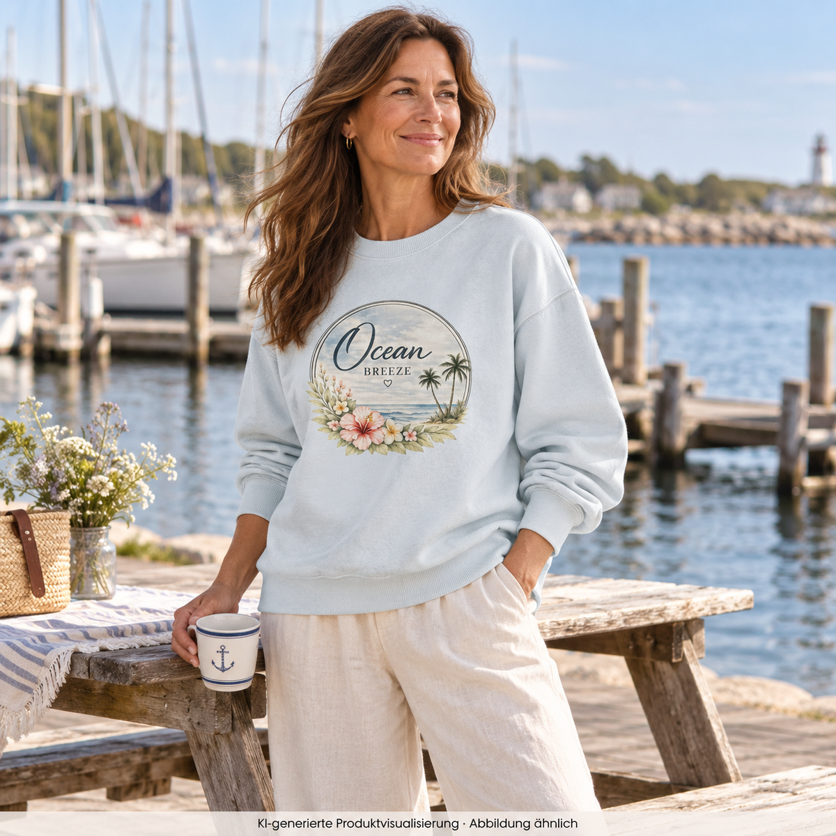 Frau am Picknicktisch im Hafen mit Ocean Breeze Organic Oversize Sweatshirt in Blue Ice und floralem Frontprint; KI-generierte Produktvisualisierung.
