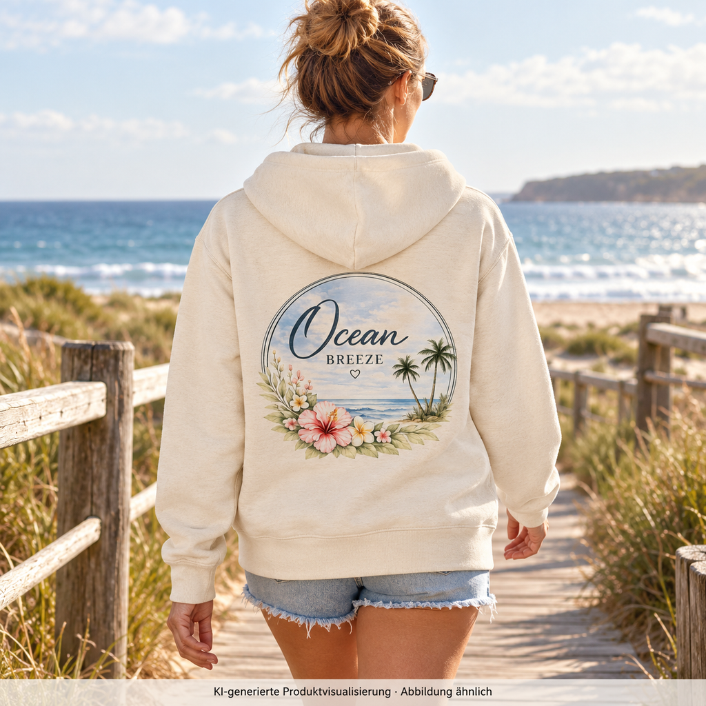 Frau von hinten auf einem Küstensteg mit Ocean Breeze Organic Zipper in naturfarben und floralem Rückendruck; KI-generierte Produktvisualisierung.