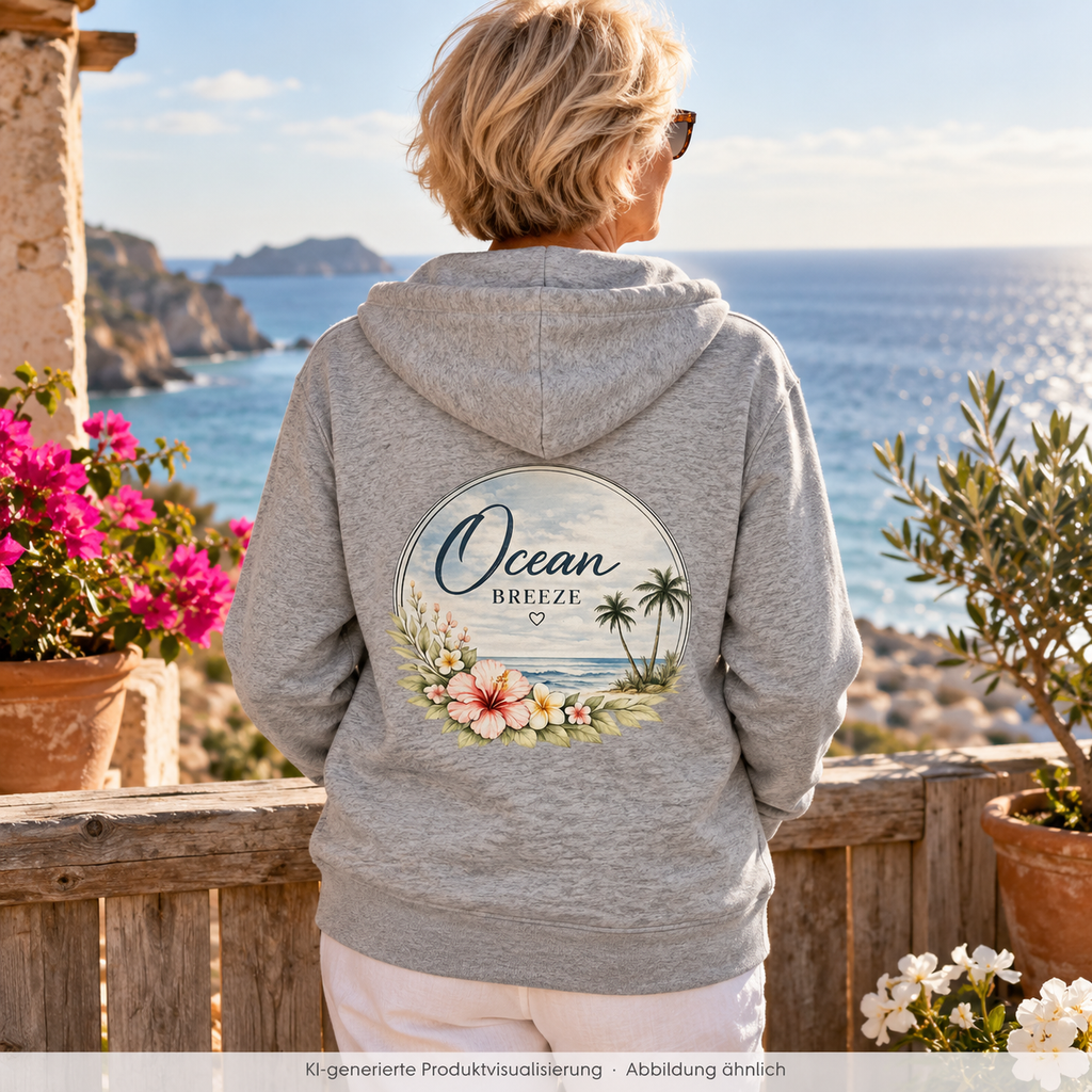 Frau von hinten auf einer Terrasse am Meer mit Ocean Breeze Organic Zipper in graumeliert und floralem Rückendruck; KI-generierte Produktvisualisierung.