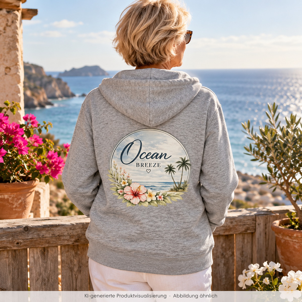 Frau von hinten auf einer Terrasse am Meer mit Ocean Breeze Organic Zipper in graumeliert und floralem Rückendruck; KI-generierte Produktvisualisierung.
