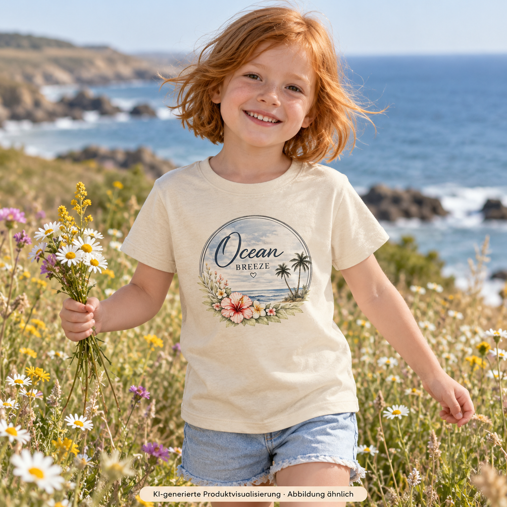 Mädchen auf einer Blumenwiese an der Küste mit Ocean Breeze Kinder Bio-T-Shirt in naturfarben und floralem Frontprint; KI-generierte Produktvisualisierung.
