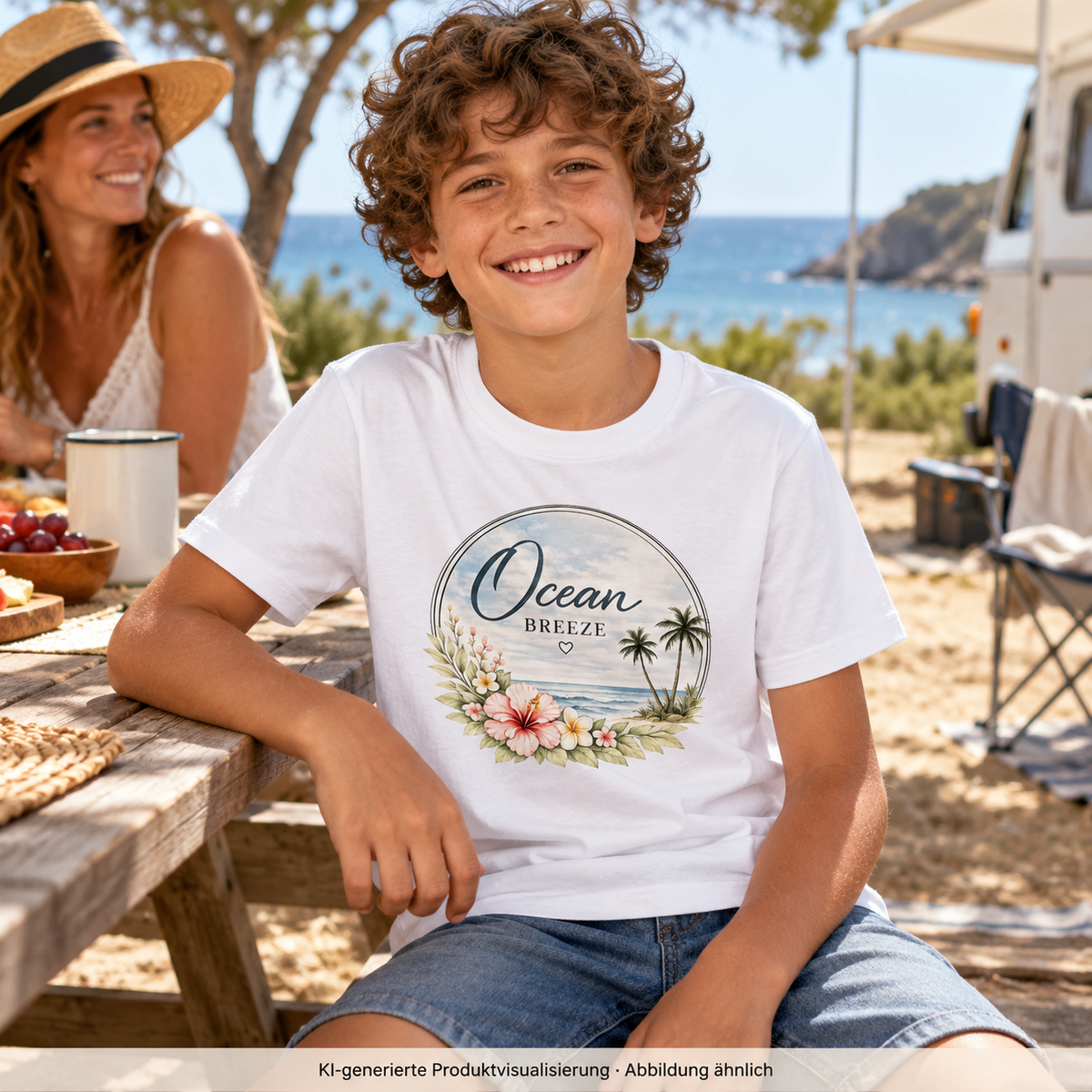 Junge am Picknicktisch auf einem Campingplatz am Meer mit Ocean Breeze Kinder Bio-T-Shirt in weiß und floralem Frontprint; KI-generierte Produktvisualisierung.