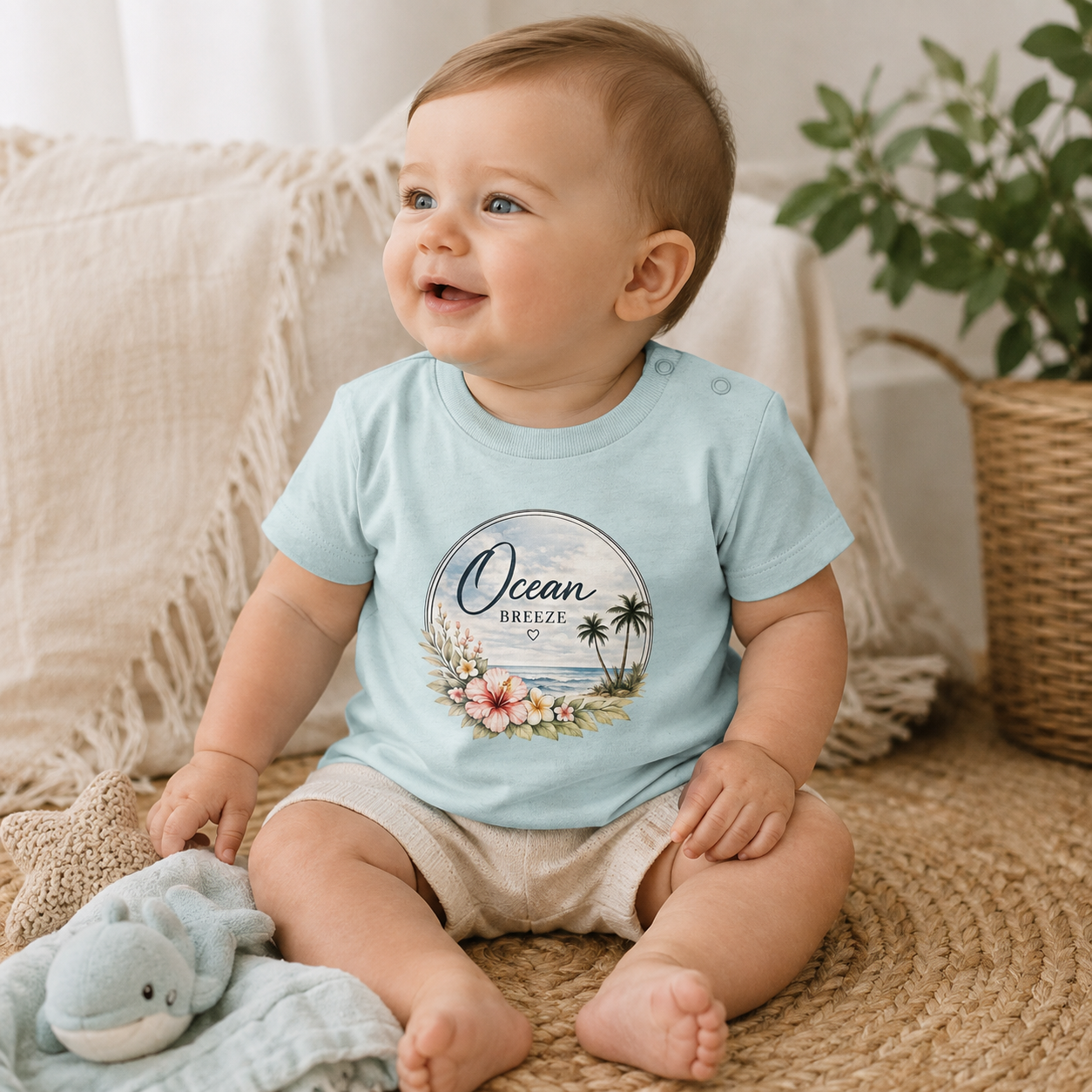 Baby im hellblauen Ocean Breeze T-Shirt von Nomavé mit floralem Strandmotiv und praktischen Knöpfen am Halsausschnitt.