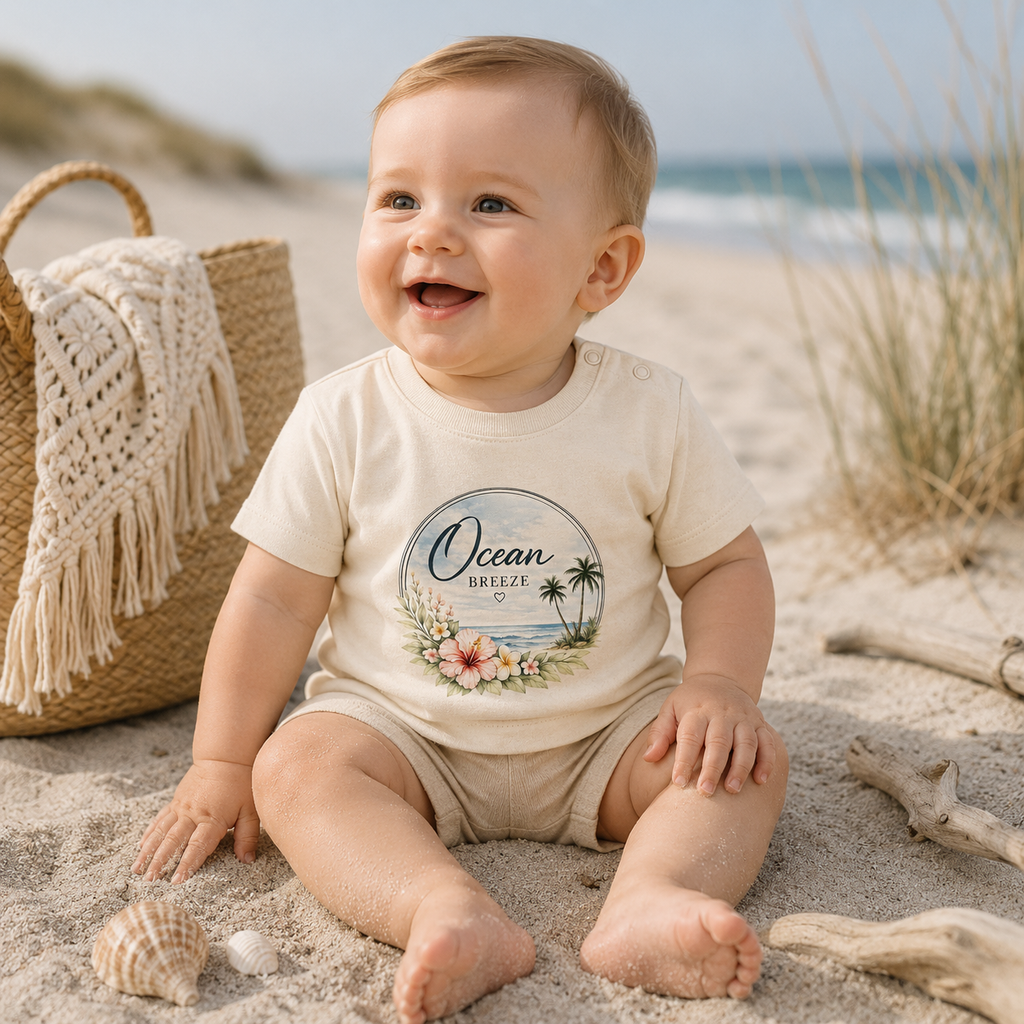 Baby im naturfarbenen Ocean Breeze T-Shirt von Nomavé mit floralem Strandmotiv und Knöpfen am Halsausschnitt, sitzend am Strand.