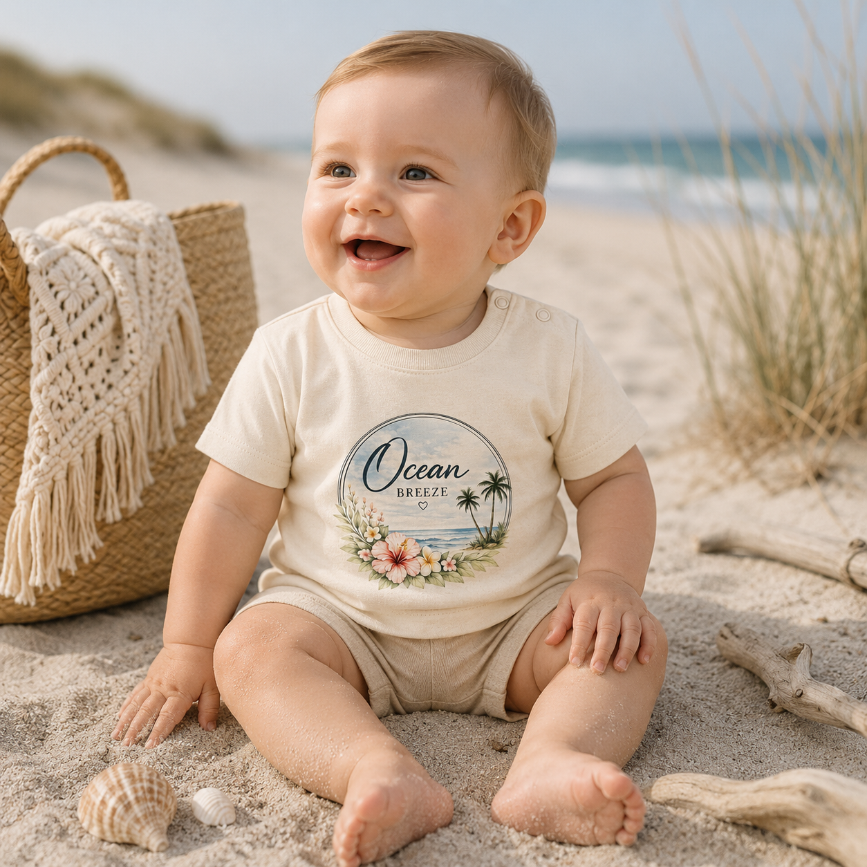 Baby im naturfarbenen Ocean Breeze T-Shirt von Nomavé mit floralem Strandmotiv und Knöpfen am Halsausschnitt, sitzend am Strand.