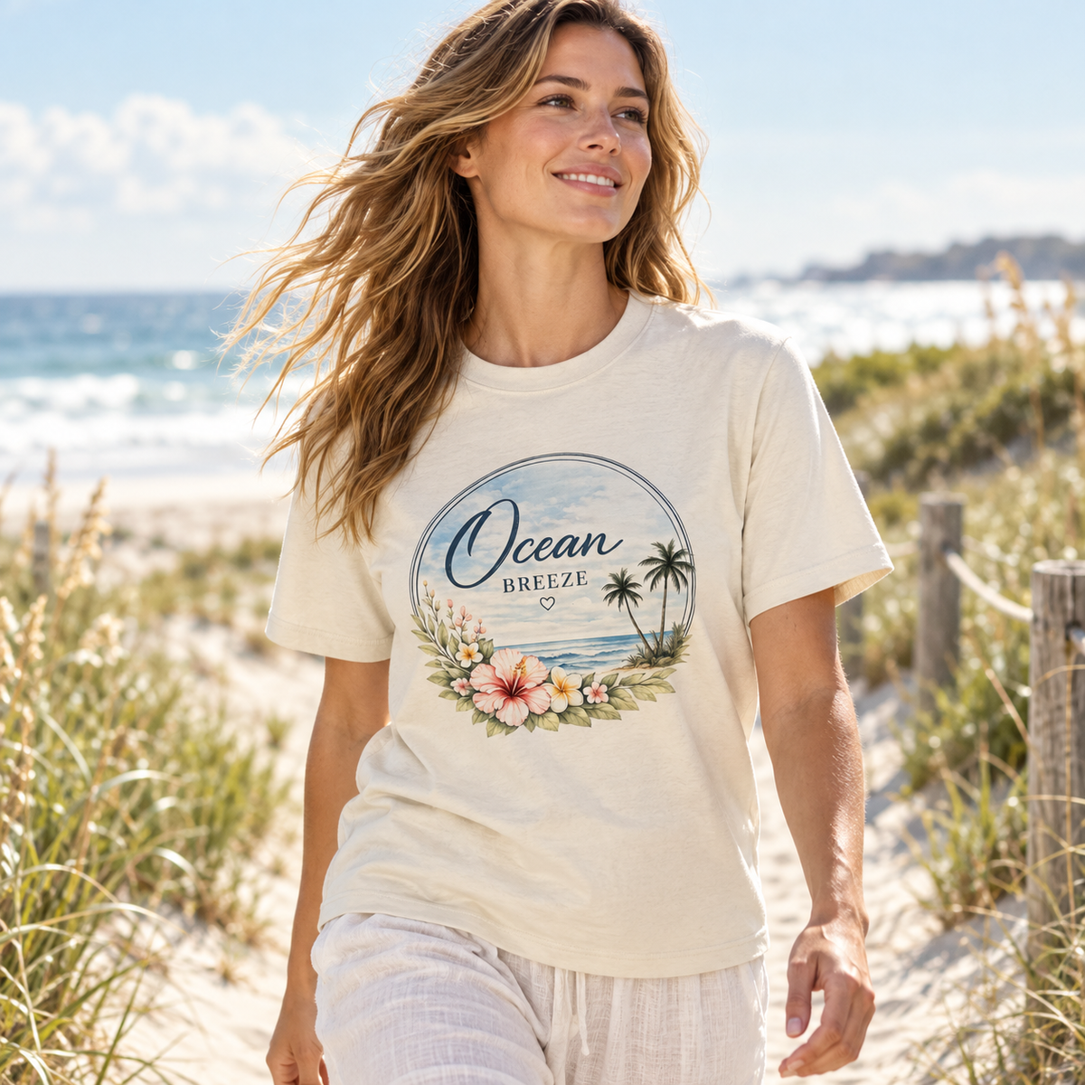Frau im Ocean Breeze Bio-Heavy T-Shirt an den Dünen