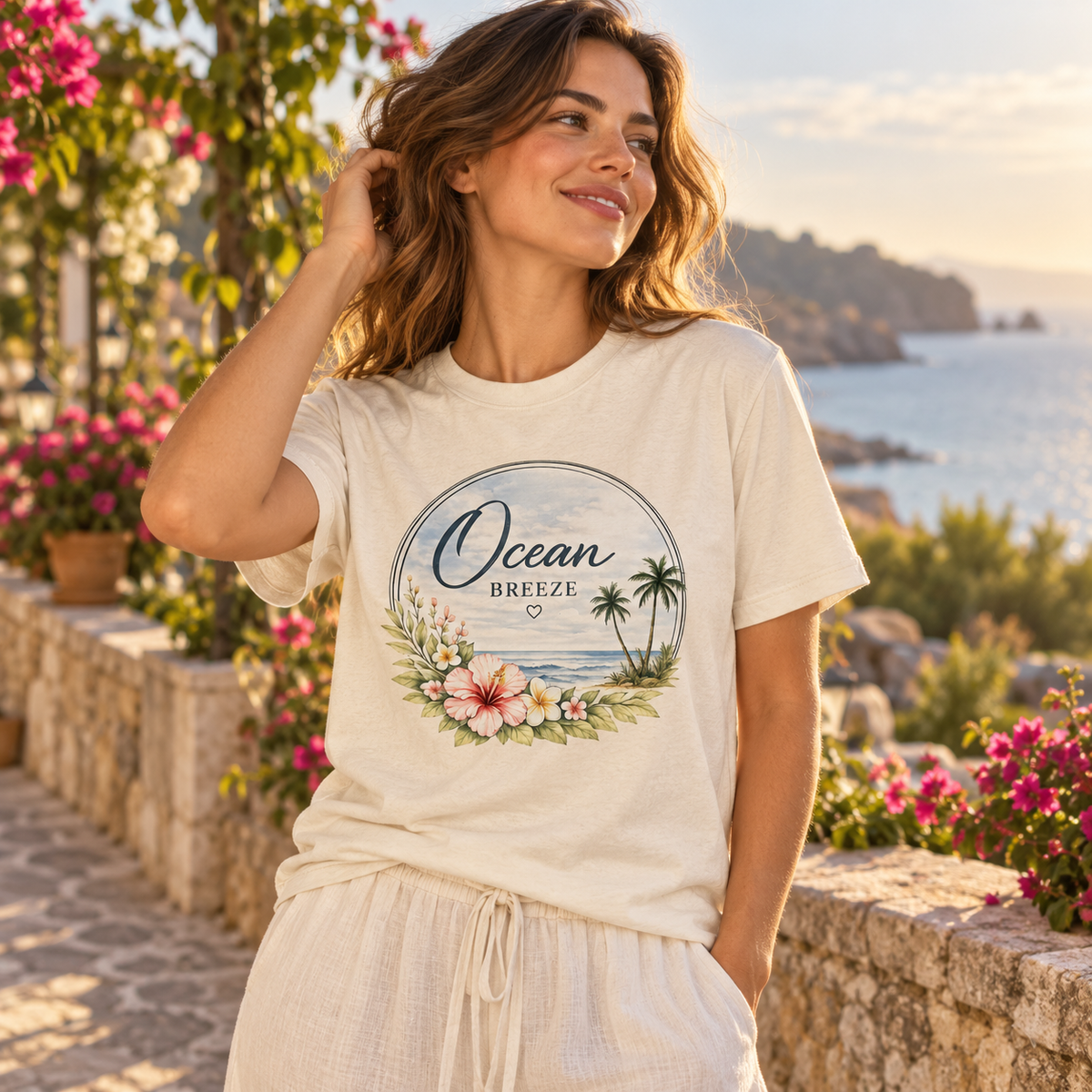 Frau im Ocean Breeze Bio-Heavy T-Shirt auf einer Küstengarten-Promenade