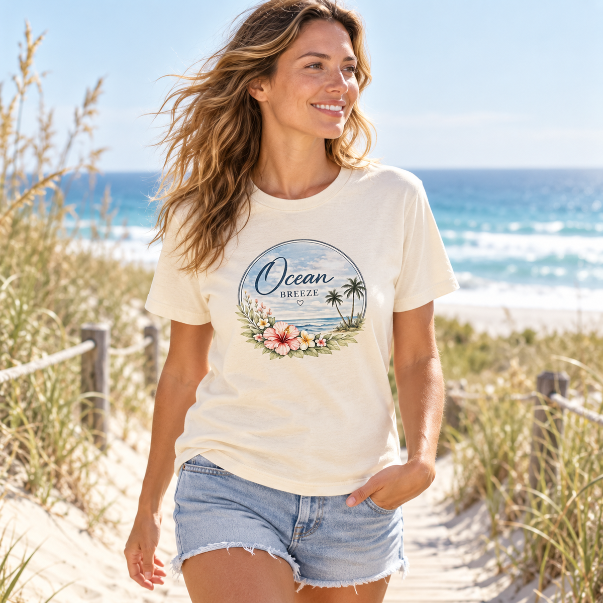 Frau im Ocean Breeze Bio T-Shirt an den Dünen