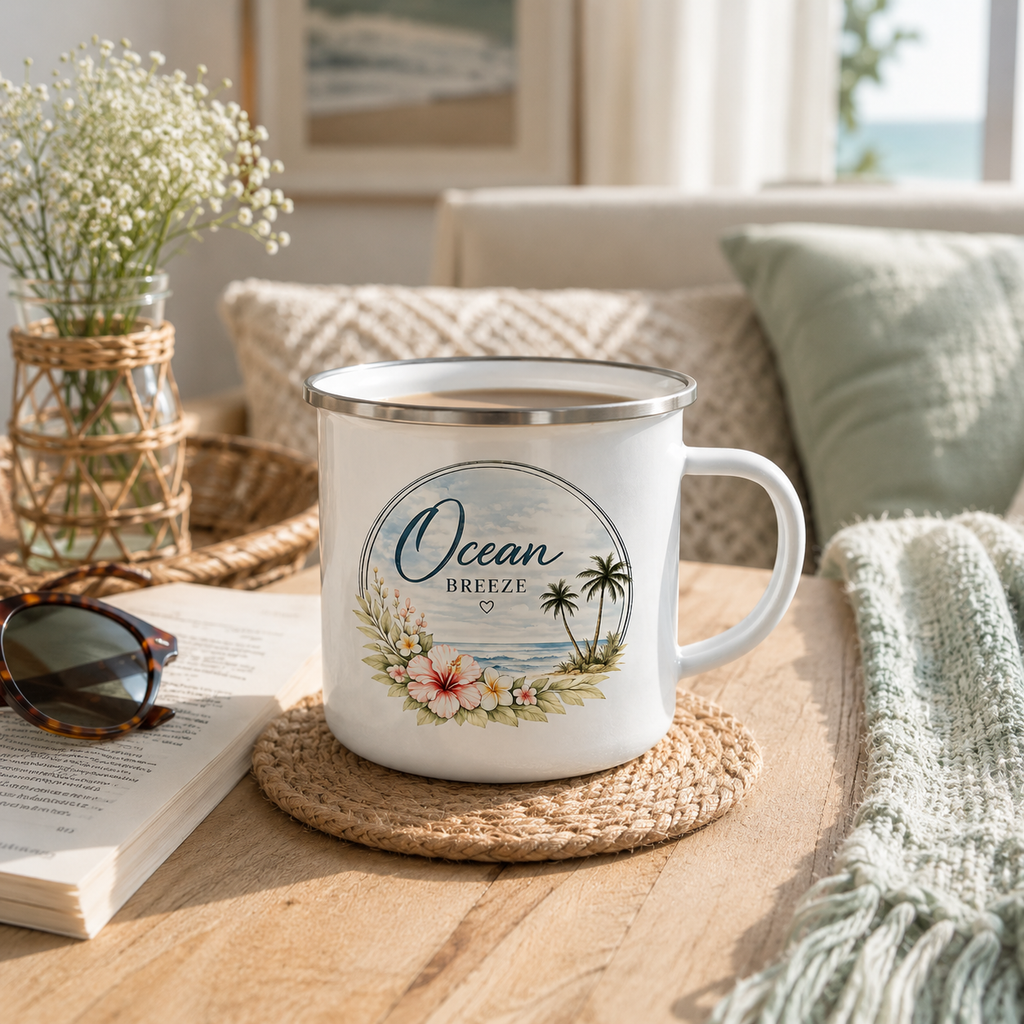 Ocean Breeze Emaille-Becher von Nomavé mit floralem Palmen- und Meeresmotiv in hellem Coastal-Wohnambiente