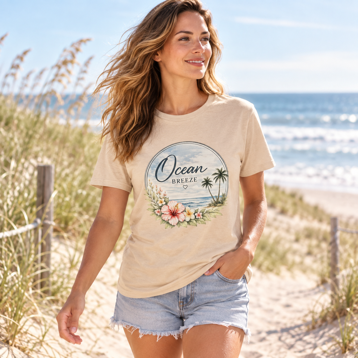 Frau im Ocean Breeze Essential T-Shirt an den Dünen