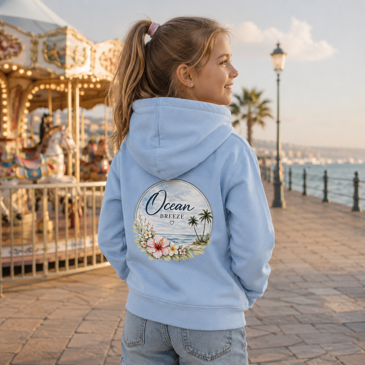 Mädchen auf einer Promenade am Meer mit hellblauem Ocean Breeze Kinder Hoodie und floralem Meeresmotiv als Rückendruck