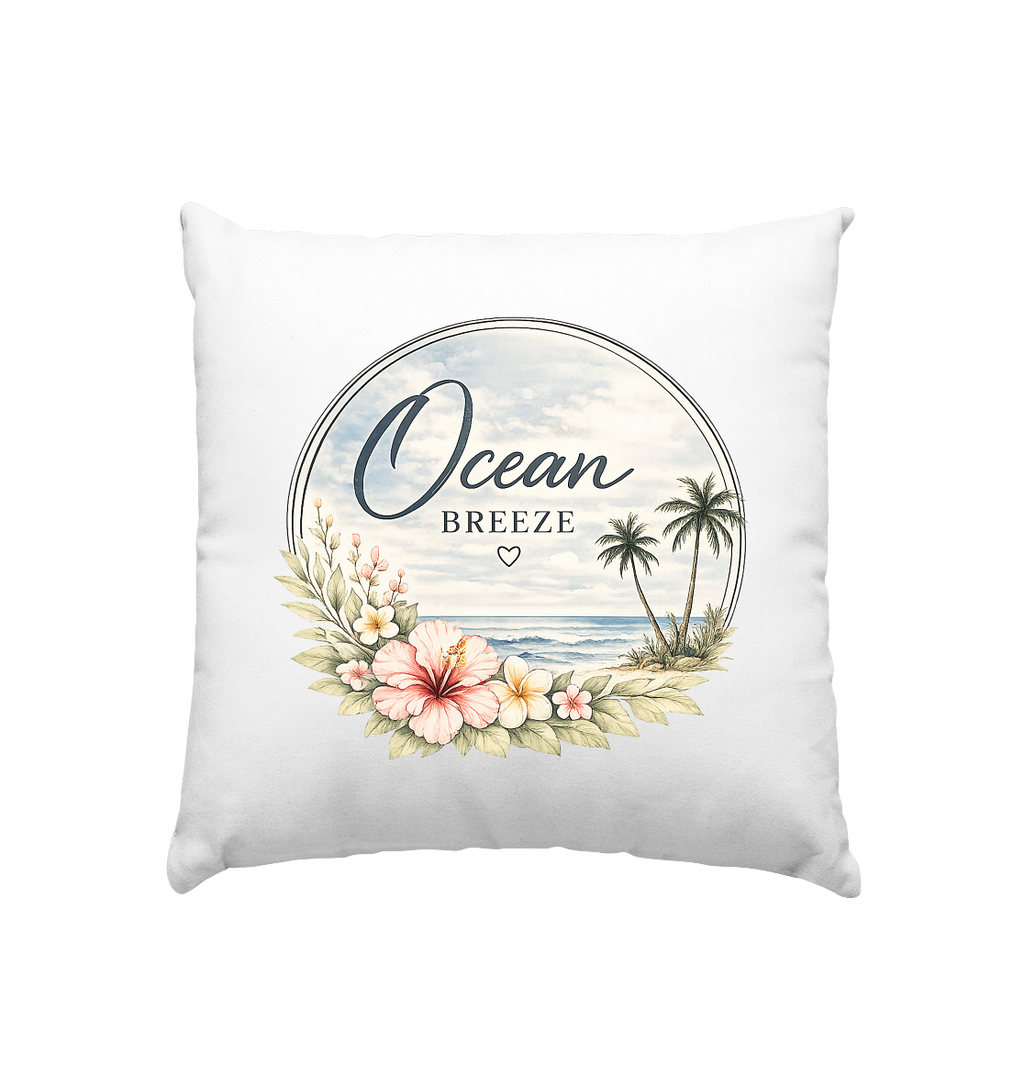 Ocean Breeze Kissen von Nomavé mit floralem Küstenmotiv, Hibiskusblüten, Palmen und Meer 