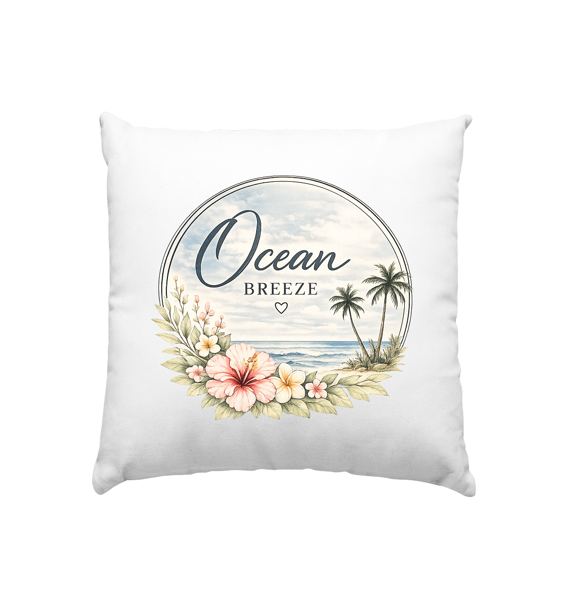 Ocean Breeze Kissen von Nomavé mit floralem Küstenmotiv, Hibiskusblüten, Palmen und Meer 