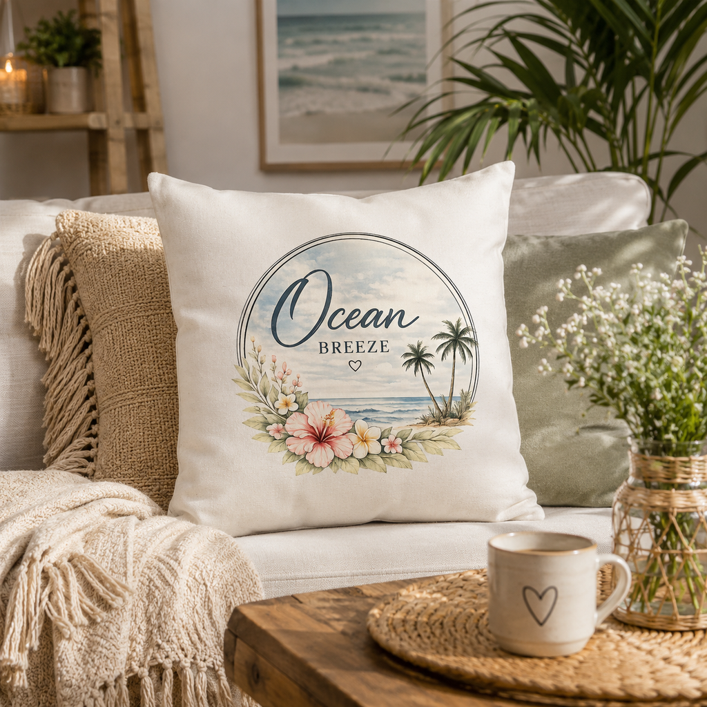 Ocean Breeze Kissen von Nomavé mit floralem Küstenmotiv, Hibiskusblüten, Palmen und Meer in einem hellen maritimen Wohnambiente