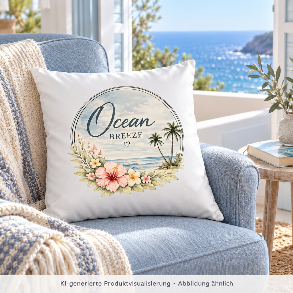 Weißes satiniertes Ocean Breeze Kissen, 40 × 40 cm, mit floralem Frontmotiv auf einem hellblauen Sessel am Fenster mit Meerblick – KI-generierte Produktvisualisierung