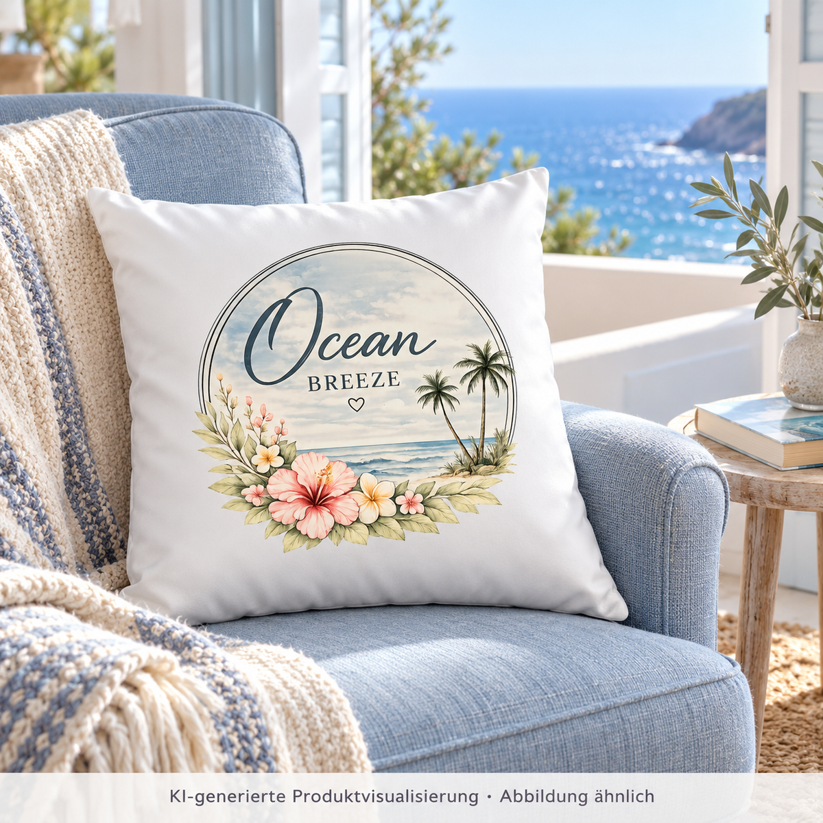 Weißes satiniertes Ocean Breeze Kissen, 40 × 40 cm, mit floralem Frontmotiv auf einem hellblauen Sessel am Fenster mit Meerblick – KI-generierte Produktvisualisierung