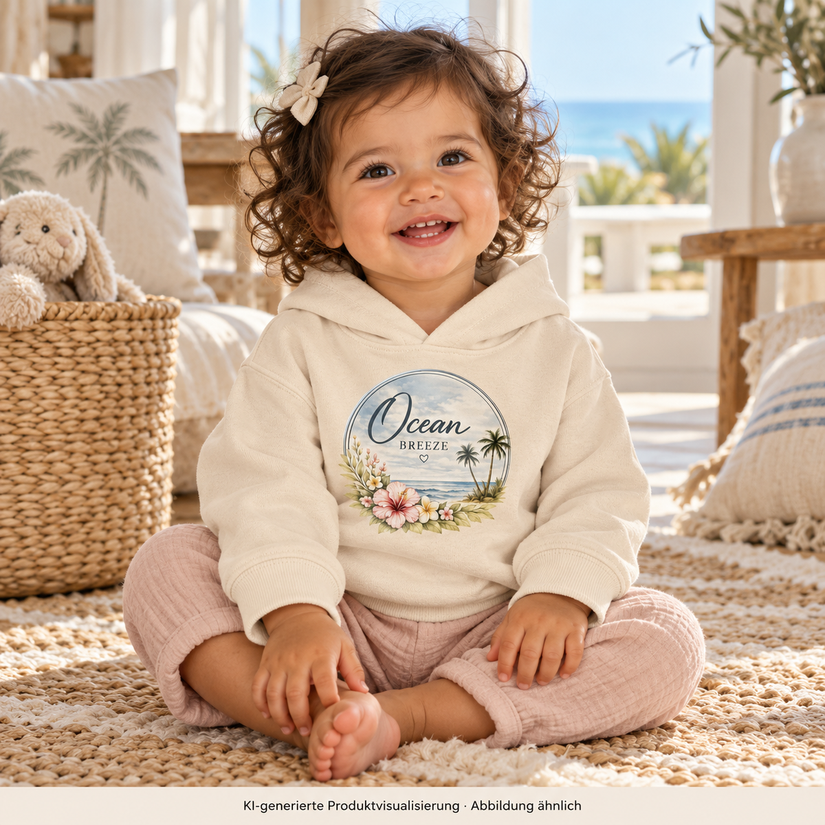 Baby im naturfarbenen Ocean Breeze Baby Bio-Hoodie mit floralem Frontprint auf einem Teppich im hellen Ferienhaus – KI-generierte Produktvisualisierung
