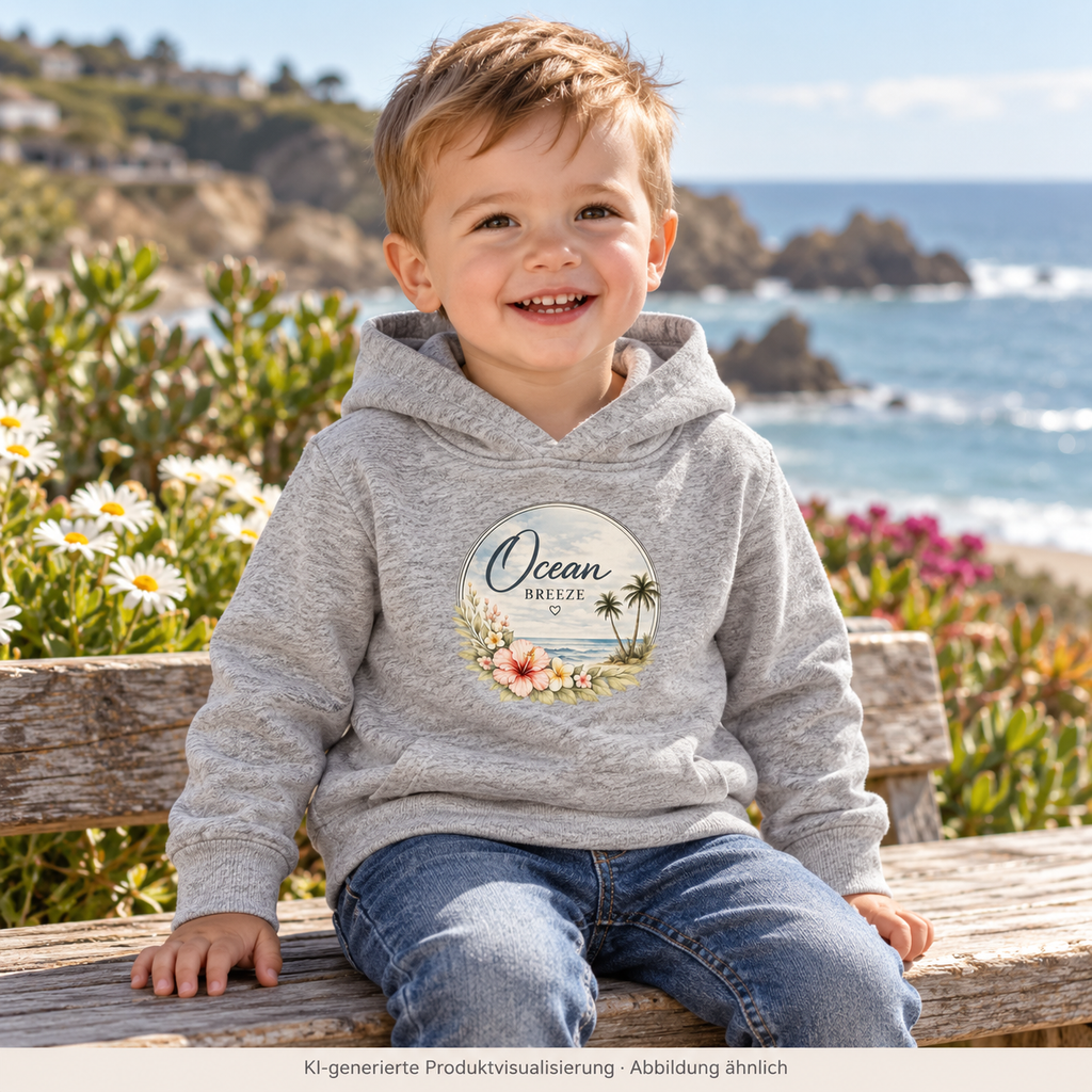 Kleinkind im graumelierten Ocean Breeze Baby Bio-Hoodie mit floralem Frontprint auf einer Gartenbank – KI-generierte Produktvisualisierung