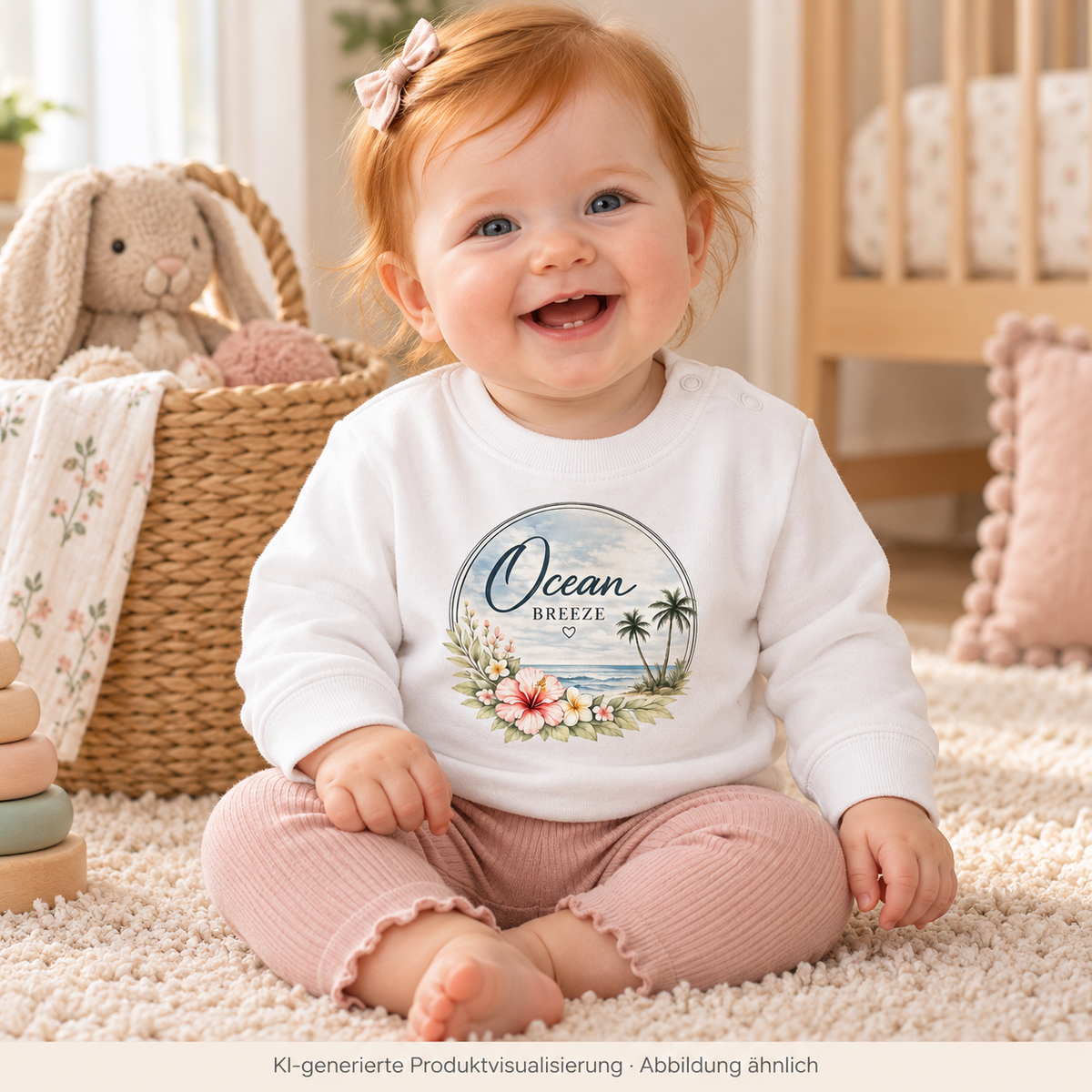 Baby im weißen Ocean Breeze Bio-Sweatshirt mit floralem Frontprint im Kinderzimmer neben einem Korb – KI-generierte Produktvisualisierung