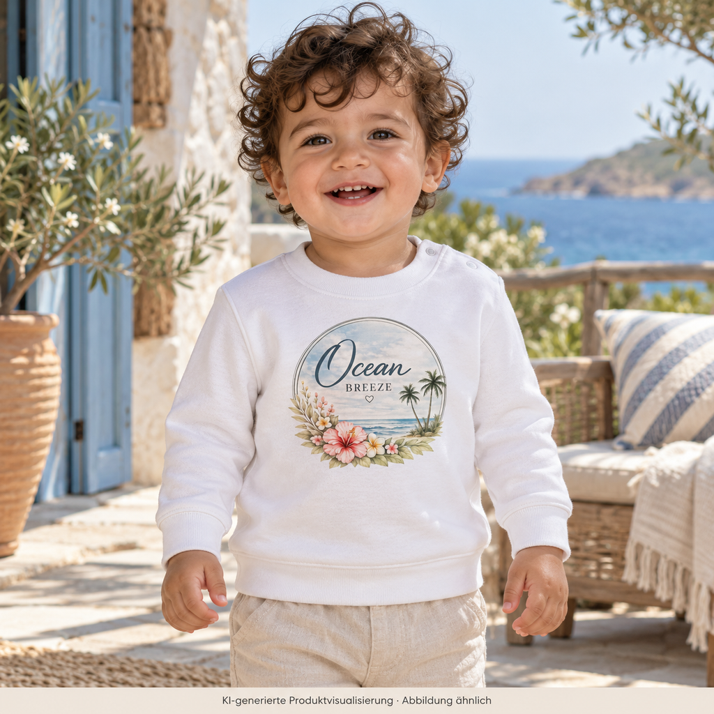 Kleinkind im weißen Ocean Breeze Baby Bio-Sweatshirt mit floralem Frontprint auf einer Ferienhausterrasse – KI-generierte Produktvisualisierung