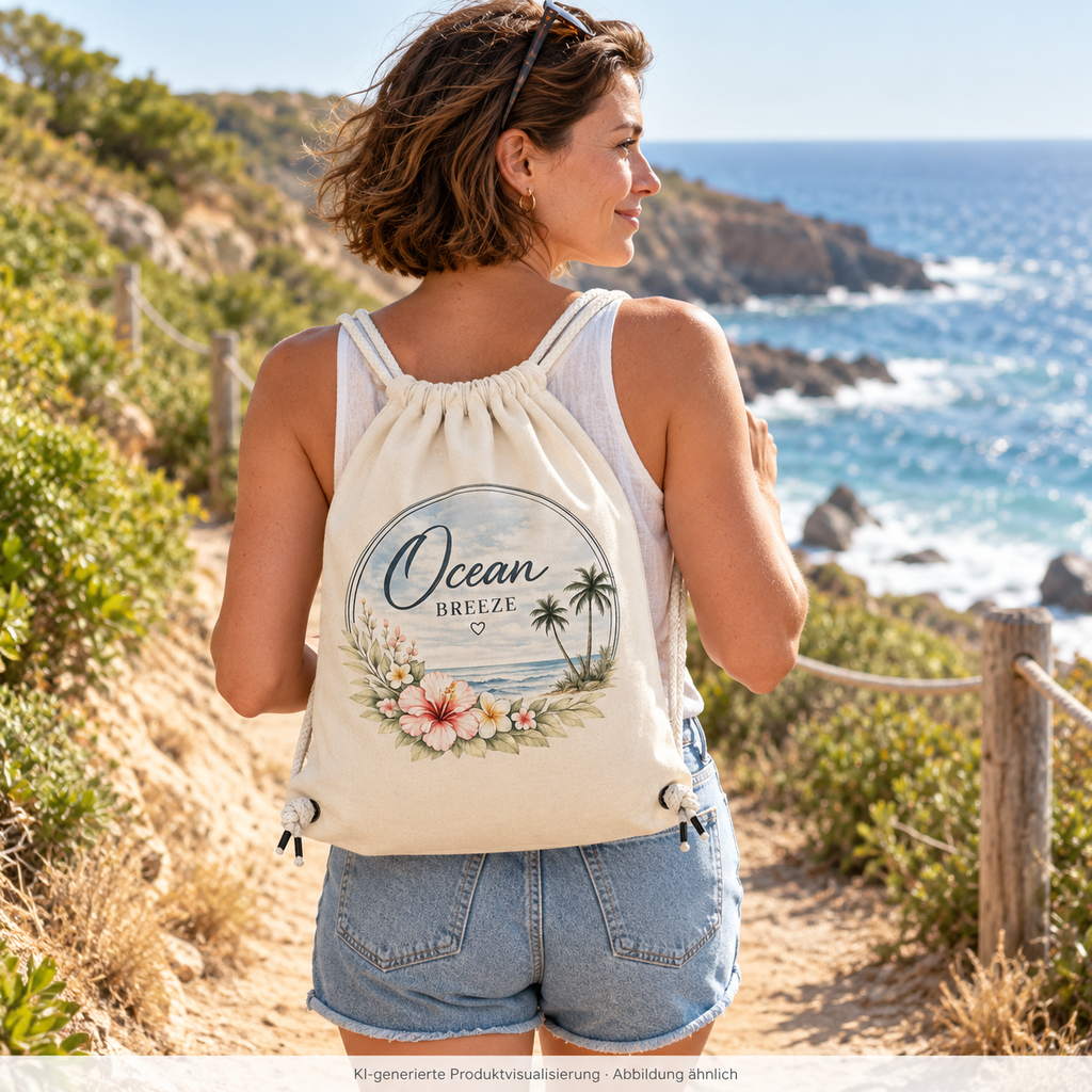 Frau mit naturfarbenem Ocean Breeze Turnbeutel auf dem Rücken auf einem Küstenweg; Blumen- und Meeresmotiv auf der Außenseite – KI-generierte Produktvisualisierung