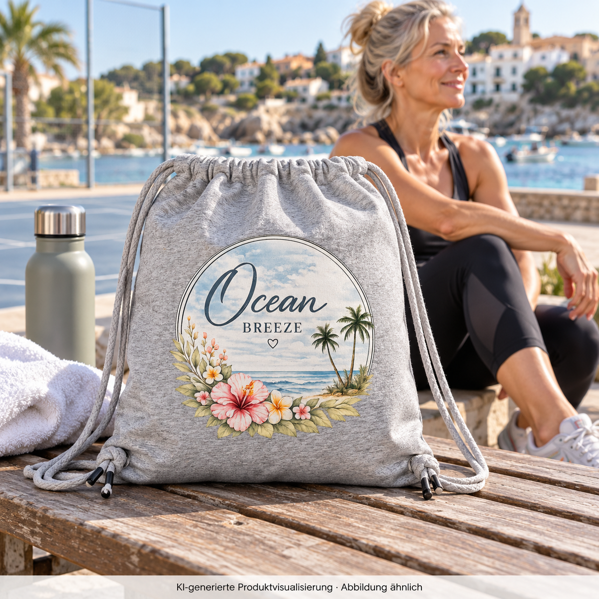 Graumelierter Ocean Breeze Turnbeutel mit Blumen- und Meeresmotiv auf einer Bank am Sportplatz; Frau im Hintergrund – KI-generierte Produktvisualisierung