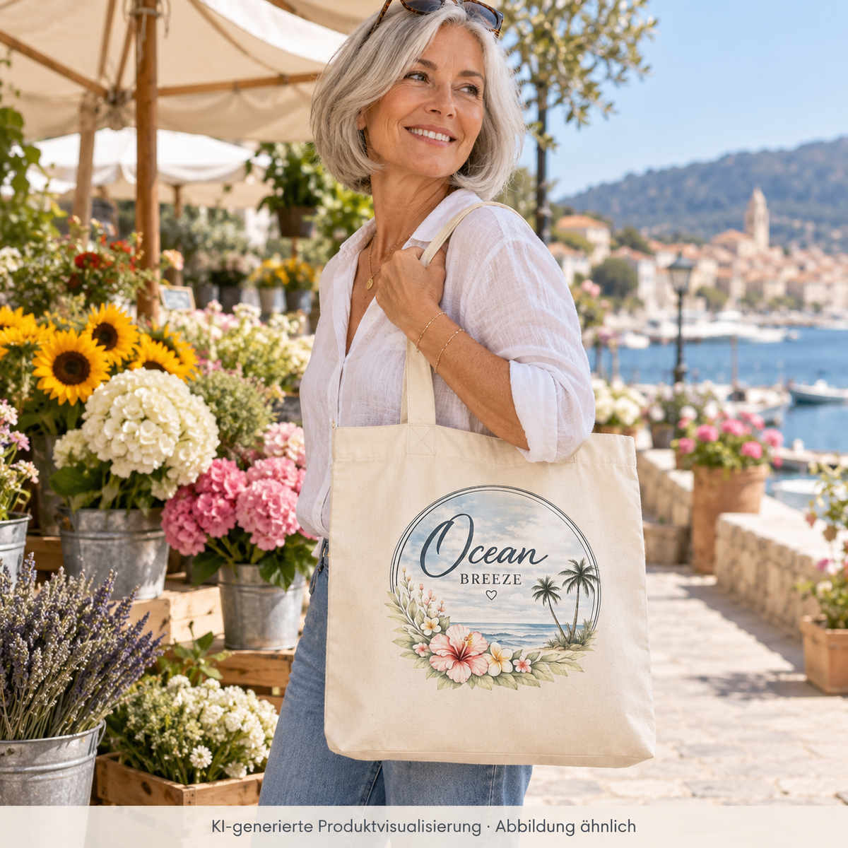 Frau mit naturfarbenem Ocean Breeze Einkaufsbeutel mit Blumen- und Meeresmotiv auf einem Blumenmarkt an der Küste – KI-generierte Produktvisualisierung
