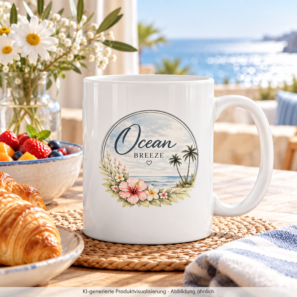 Weiße glänzende Ocean Breeze Tasse mit floralem Küstenmotiv beim Frühstück im Ferienhaus mit Meerblick – KI-generierte Produktvisualisierung