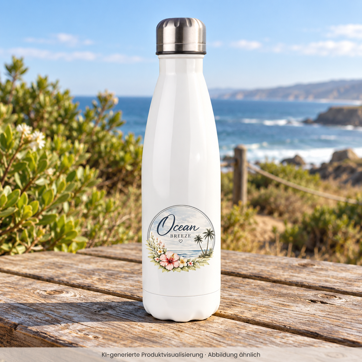 Weiße Ocean Breeze Edelstahl-Thermoflasche, 500 ml, mit floralem Küstenmotiv auf einem Picknicktisch am Meer – KI-generierte Produktvisualisierung