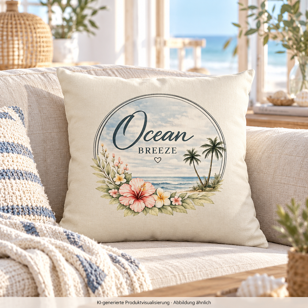 Naturfarbenes Ocean Breeze Kissen, 40 × 40 cm, mit floralem Frontmotiv auf einem hellen Sofa im Küstenferienhaus – KI-generierte Produktvisualisierung