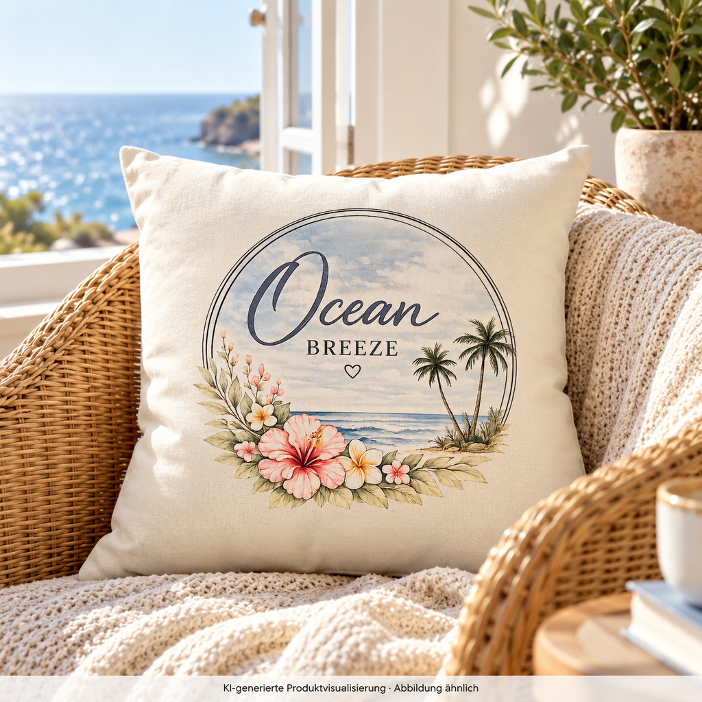 Naturfarbenes Ocean Breeze Kissen mit floralem Frontmotiv auf einem Korbsessel am offenen Fenster mit Meerblick – KI-generierte Produktvisualisierung