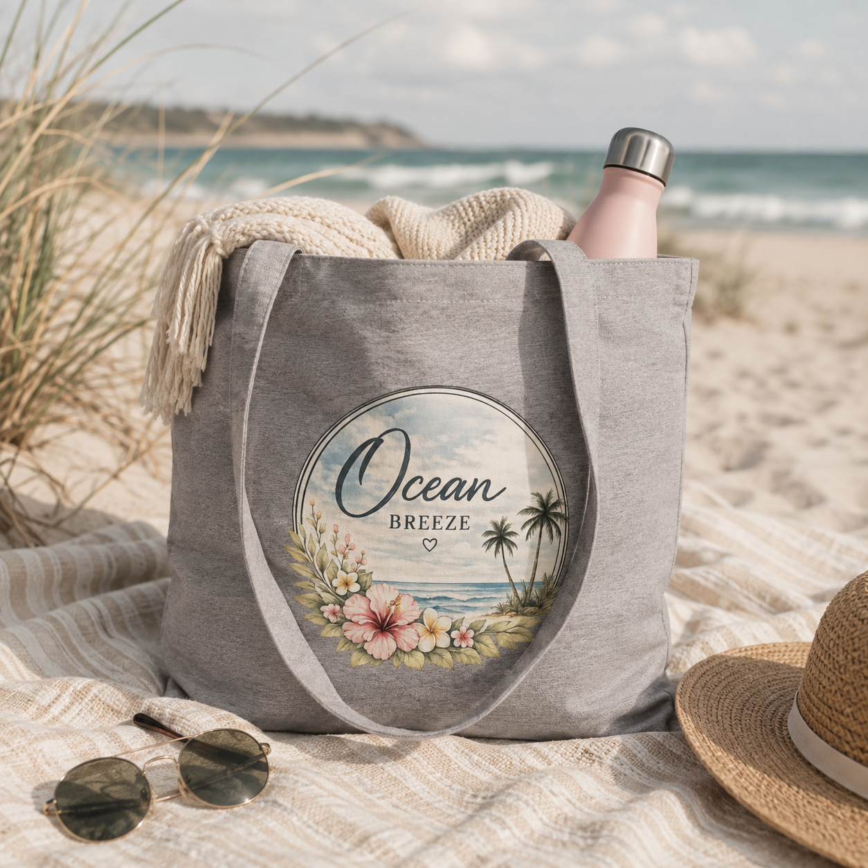 Graue Ocean Breeze Stofftasche von Nomavé mit floralem Küstenmotiv als Lifestyle-Bild am Strand mit Meer und Dünen.