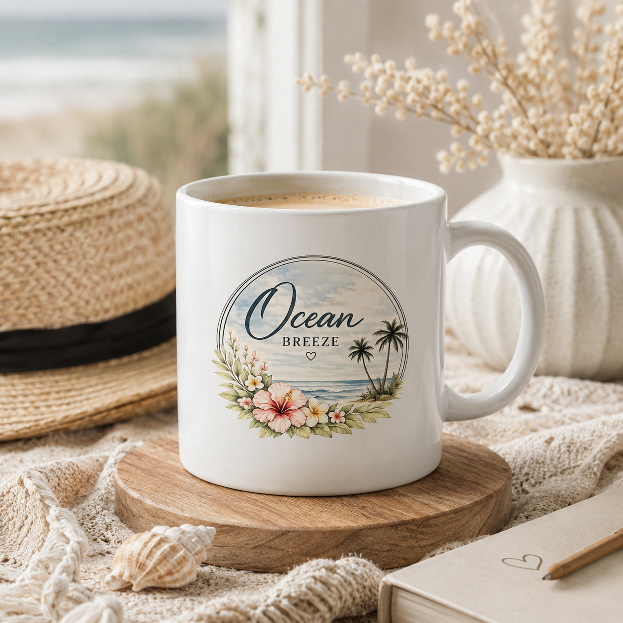 Ocean Breeze Tasse mit floralem Palmen- und Meeresmotiv in heller maritimer Lifestyle-Szene
