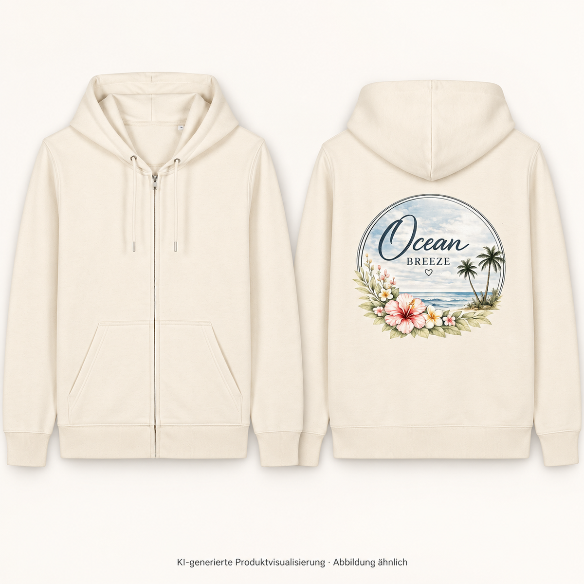 KI-generierte Produktvisualisierung des Ocean Breeze Zippers in Natural Raw: links unbedruckte Vorderansicht mit durchgehendem Reißverschluss, Kapuze und Fronttaschen; rechts Rückansicht mit floralem Ocean-Breeze-Backprint aus Hibiskusblüten, Palmen und Meer.