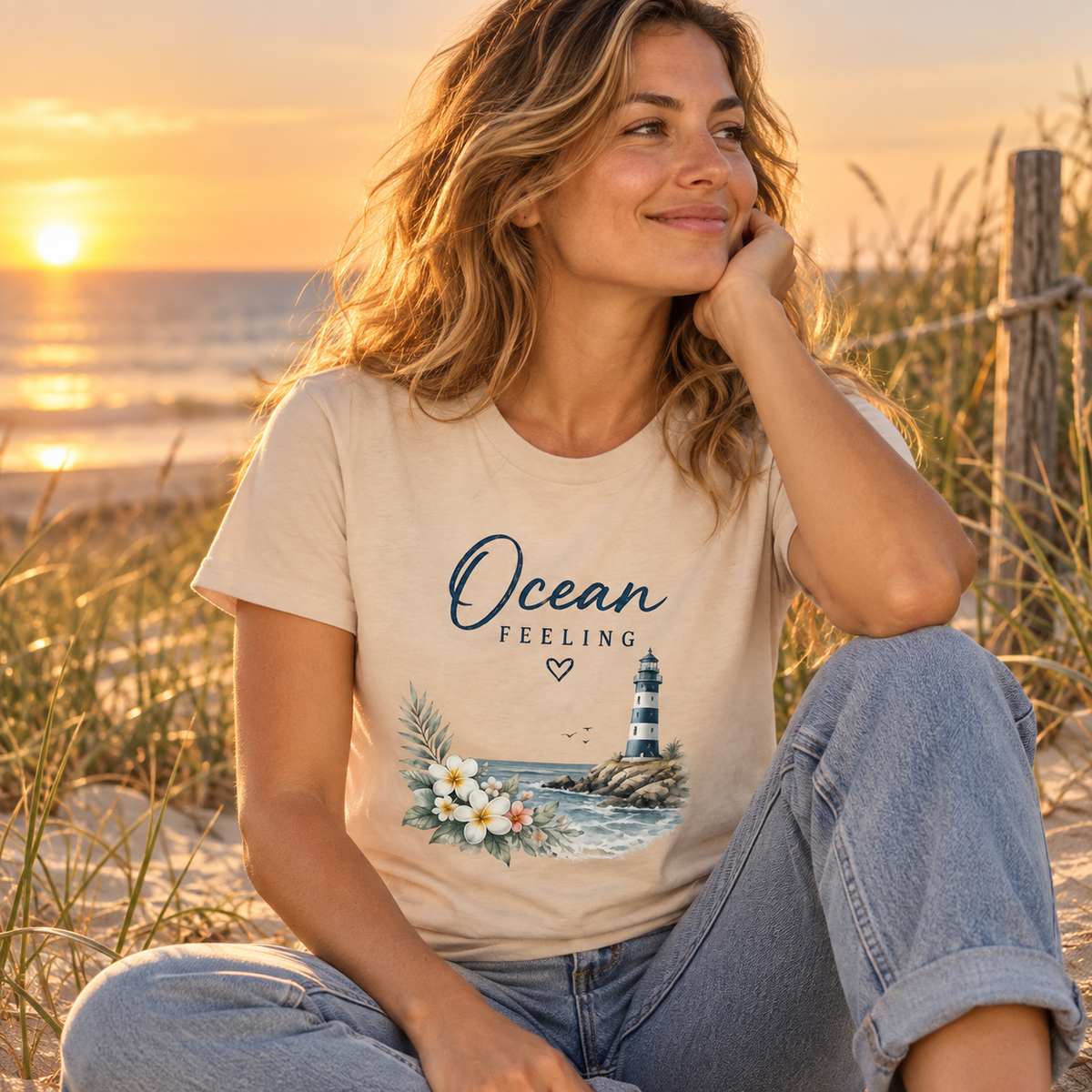 Frau im Ocean Feeling Essential T-Shirt an den Dünen bei Sonnenuntergang