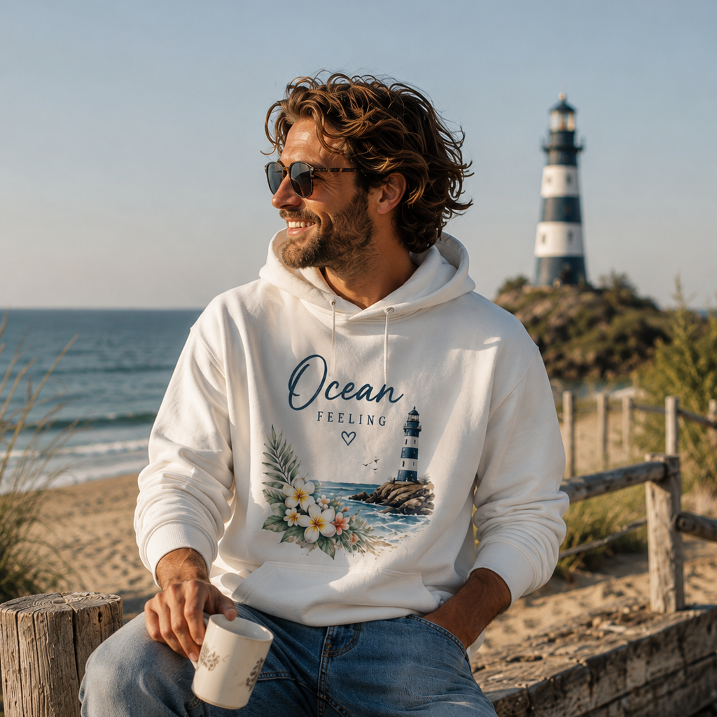 Mann trägt Ocean Feeling Bio-Hoodie von Nomavé am Strand mit Leuchtturm im Hintergrund – florales maritimes Design aus der Floral Collection.