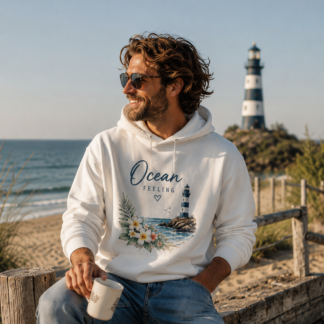Mann trägt Ocean Feeling Bio-Hoodie von Nomavé am Strand mit Leuchtturm im Hintergrund – florales maritimes Design aus der Floral Collection.
