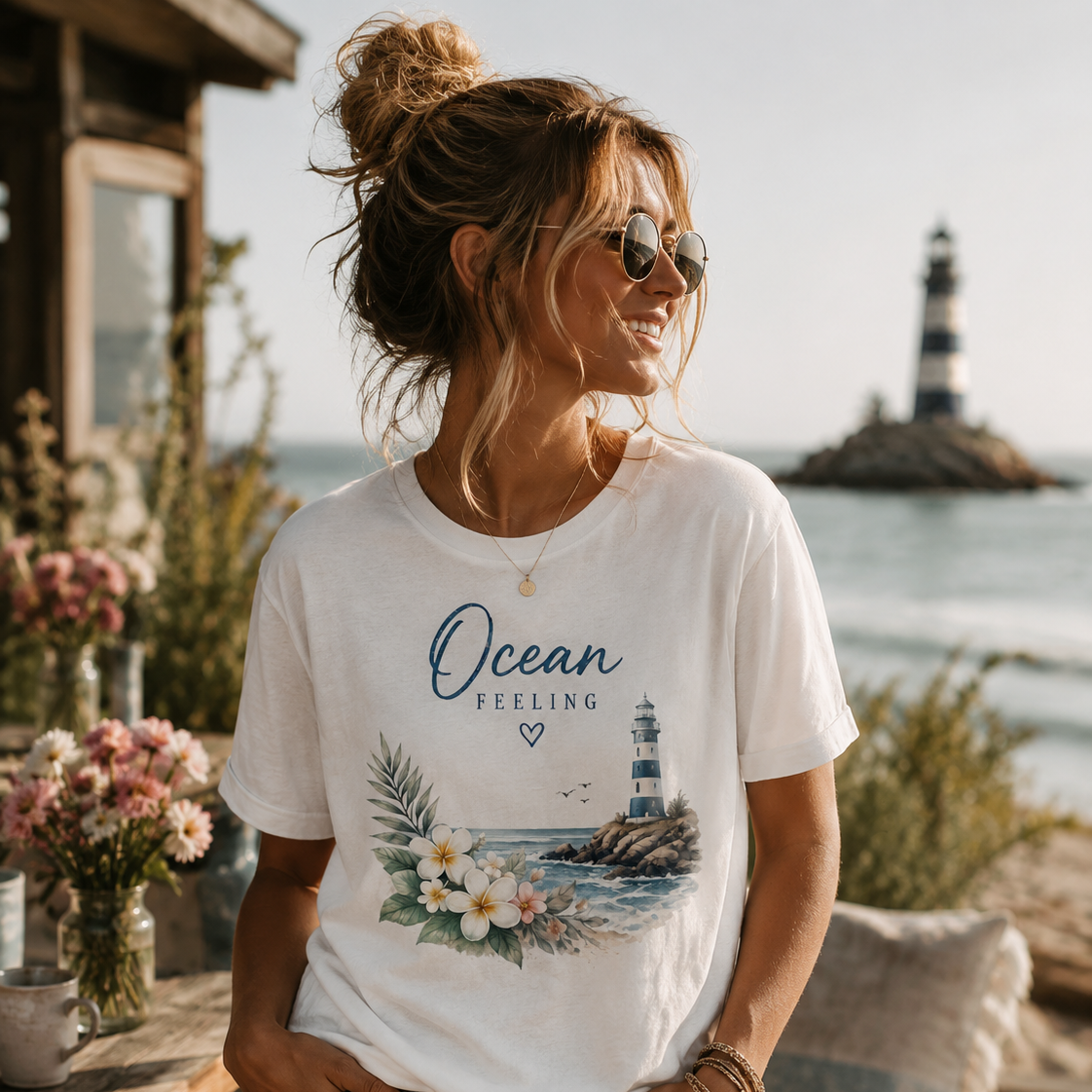 Frau trägt Ocean Feeling Bio T-Shirt von Nomavé in einem gemütlichen Strandcafé am Meer mit Leuchtturm im Hintergrund – florales maritimes Design aus der Floral Collection.